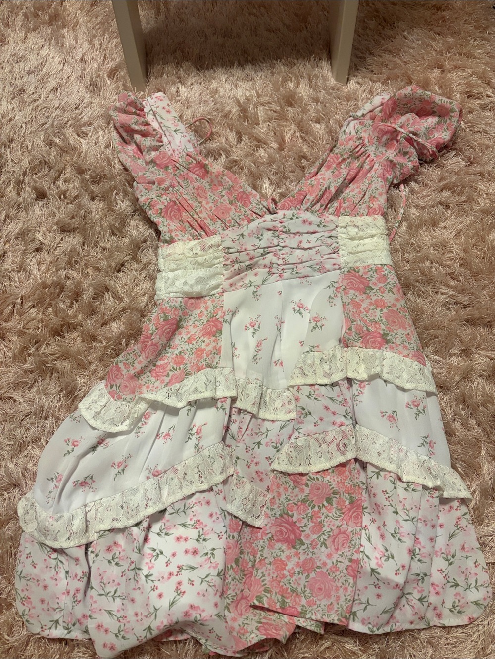 Altar'd State Pink Floral Lace-Trim Tiered Sundress